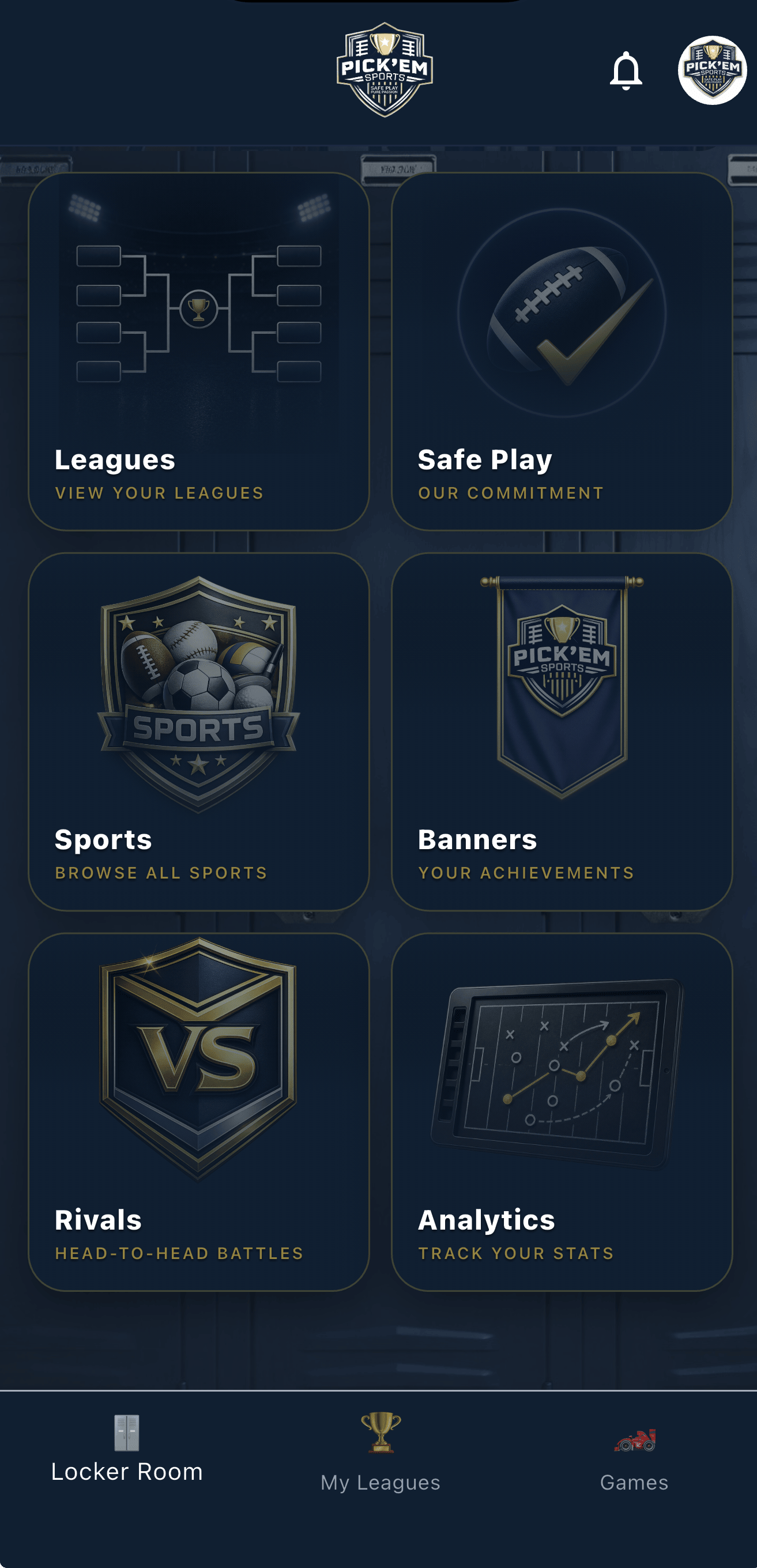 The Pick'Em Sports locker room: leagues, sports, rivals, banners, and analytics, all in one app.