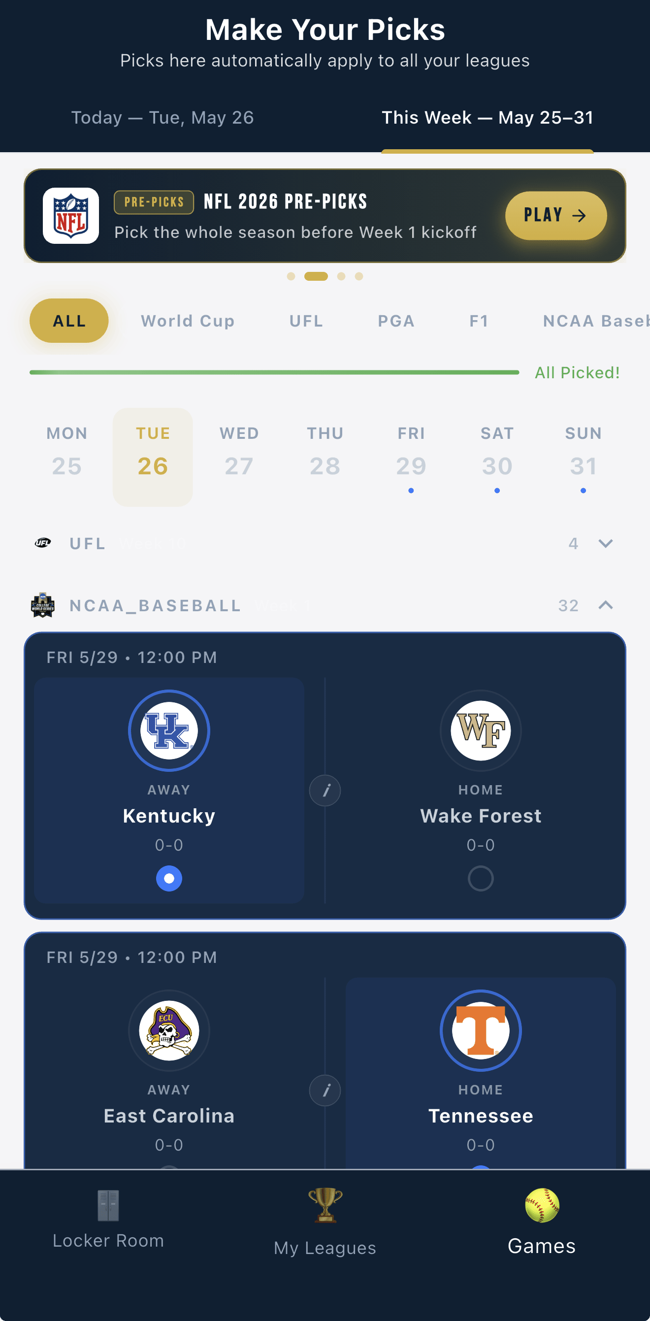 Making picks in the Pick'Em Sports app: free to play, no wagers, no buy-in.